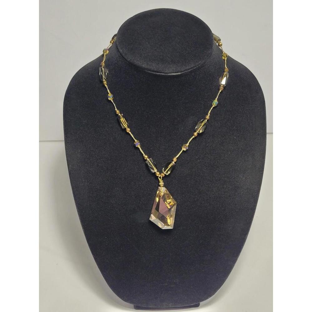 Goldtone Braided Twisted Rope Beaded FashioNecklace Smoky Crystal Quartz Pendant